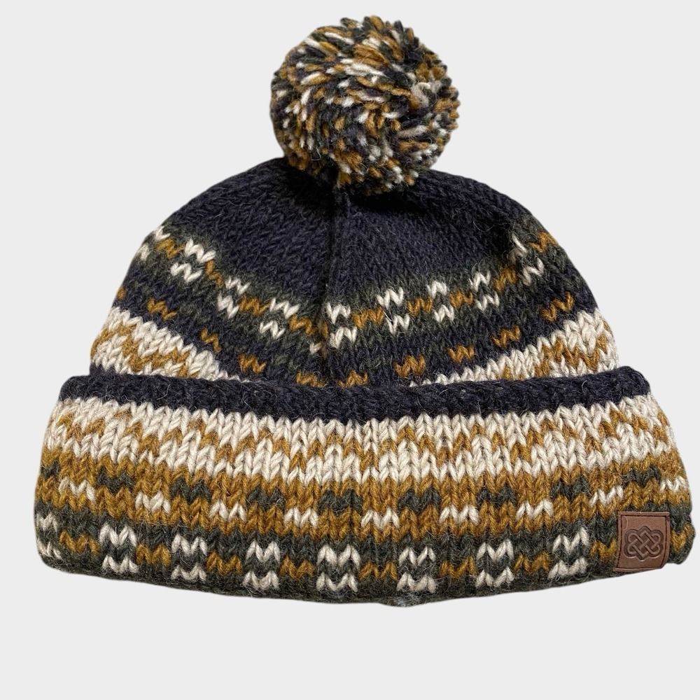 Knit Wool Beanie Hat OS Lined Fleece Pompon Made Nepal Outdoor Hiking